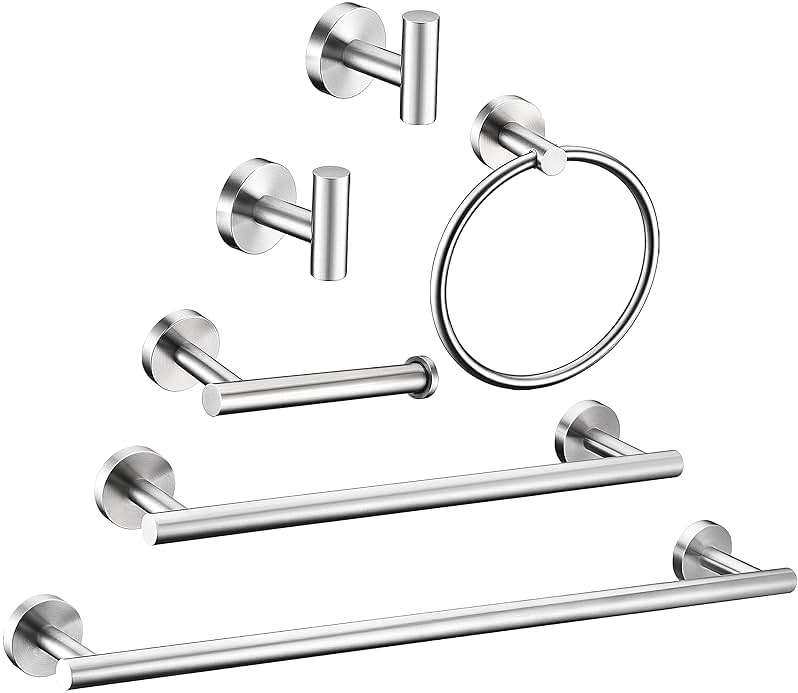 6 Pieces Brushed Nickel Bathroom Hardware Accessories Set Hand Towel Ring 16&23.6 inch Round Towel Bar Silver Toilet Paper Holder Towel Hooks 2 Pieces SUS 304 Stainless Steel,Heavy Duty,Wall Mounted - Image 1