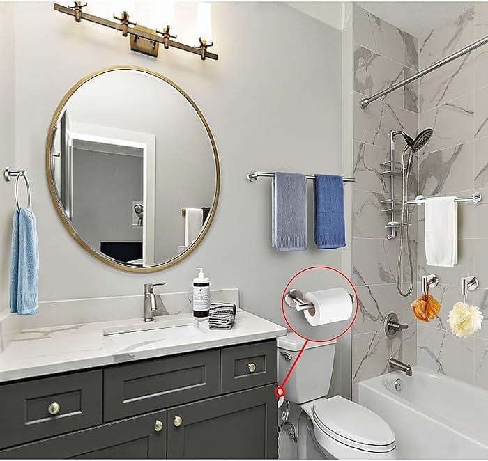 6 Pieces Brushed Nickel Bathroom Hardware Accessories Set Hand Towel Ring 16&23.6 inch Round Towel Bar Silver Toilet Paper Holder Towel Hooks 2 Pieces SUS 304 Stainless Steel,Heavy Duty,Wall Mounted - Image 2