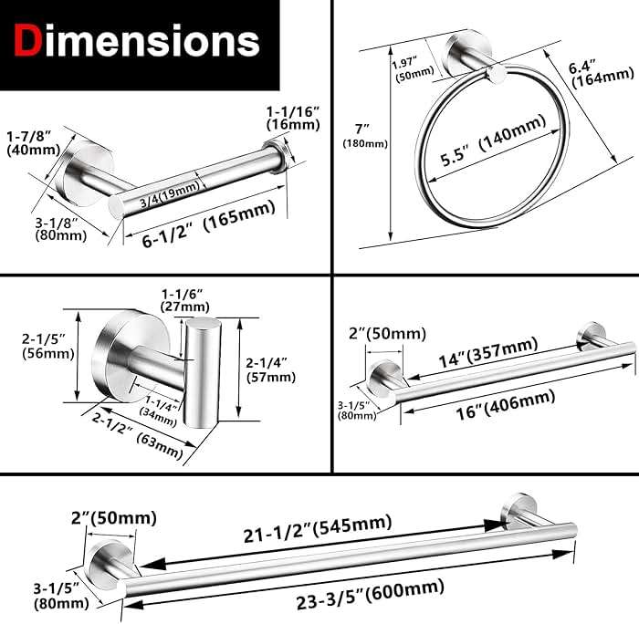 6 Pieces Brushed Nickel Bathroom Hardware Accessories Set Hand Towel Ring 16&23.6 inch Round Towel Bar Silver Toilet Paper Holder Towel Hooks 2 Pieces SUS 304 Stainless Steel,Heavy Duty,Wall Mounted - Image 3
