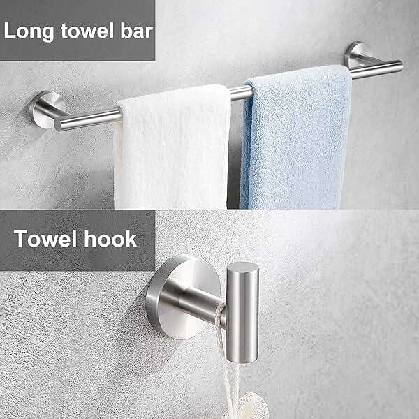6 Pieces Brushed Nickel Bathroom Hardware Accessories Set Hand Towel Ring 16&23.6 inch Round Towel Bar Silver Toilet Paper Holder Towel Hooks 2 Pieces SUS 304 Stainless Steel,Heavy Duty,Wall Mounted - Image 4