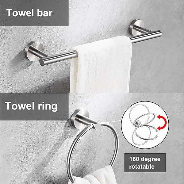 6 Pieces Brushed Nickel Bathroom Hardware Accessories Set Hand Towel Ring 16&23.6 inch Round Towel Bar Silver Toilet Paper Holder Towel Hooks 2 Pieces SUS 304 Stainless Steel,Heavy Duty,Wall Mounted - Image 6