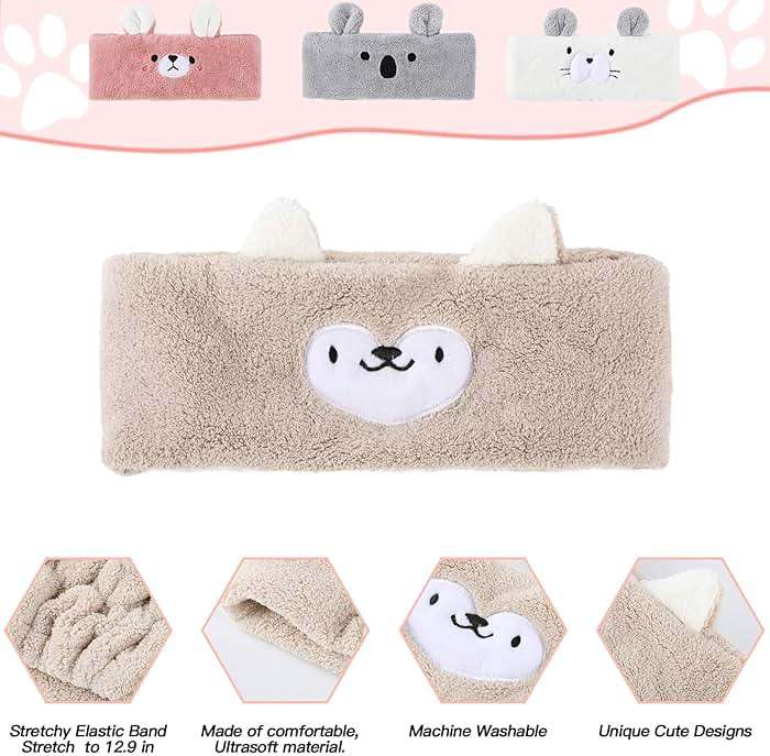 Chuangdi 4 Pieces Animal Hair Bands Face Wash Headband Spa Animal Ears for Skincare Makeup Spa Headband Washing Face Coral Fleece Plush Hairband for Women Girls(Adorable Style,Cute Colors) - Image 6