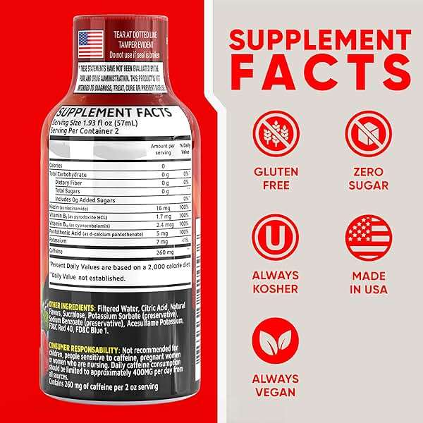 Fruit Punch Extra Strength Energy Shot 12 pk – 260mg Natural Caffeine B12 B6 – Energy & Focus Support – 2 Servings Sugar Free Zero Calorie Green Tea B-Vitamins Electrolytes Vegan – 1.93 fl oz - Image 2