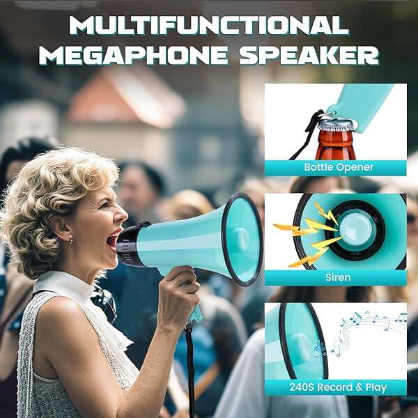 MyMealivos 20W Megaphone Bullhorn, Built in Siren & 240s Recording, 5.4"×8.6" Portable Megaphone with Volume Control Cover Up to 300 feet+ for Indoor and Outdoor Activities - Image 3