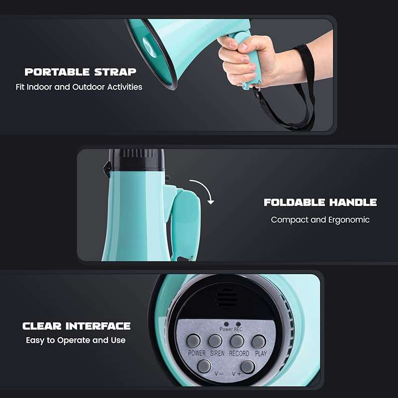 MyMealivos 20W Megaphone Bullhorn, Built in Siren & 240s Recording, 5.4"×8.6" Portable Megaphone with Volume Control Cover Up to 300 feet+ for Indoor and Outdoor Activities - Image 6
