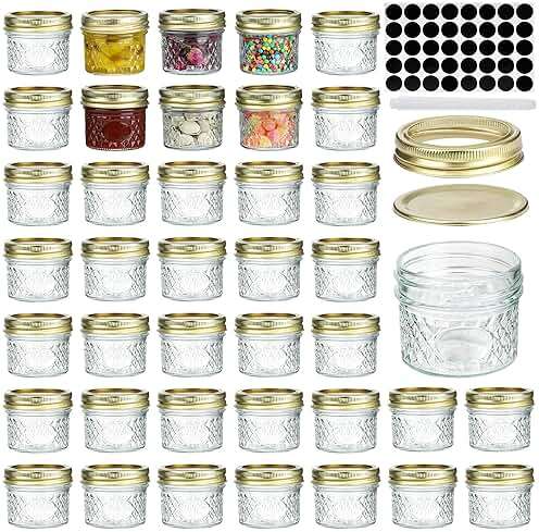 Mcupper 4oz Mini Mason Jars,Set of 40 Quilted Crystal Style Canning Jars With Gold Lids and Bands, Regular Mouth Glass Jars For Honey, Jelly, Jams-40 Black Labels,1 Chalk Marker Included - Image 1