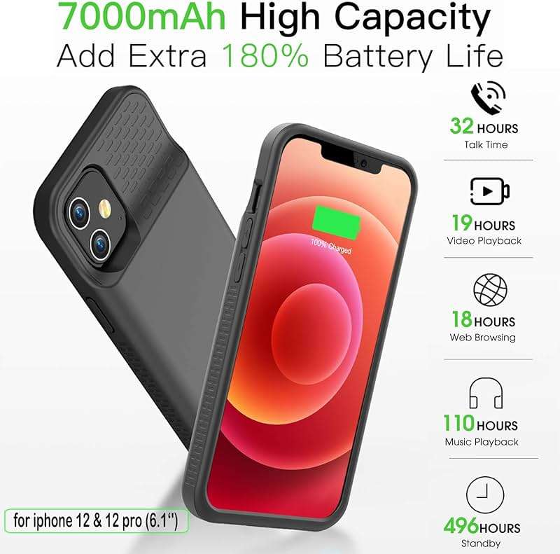 GIN FOXI Battery Case for iPhone 12/12Pro, Real 8500mAh Ultra-Slim Battery Charging Case Rechargeable Anti-Fall Protection Extended Charger Cover for iPhone 12Pro Max/12/12 Pro Battery Case Black - Image 2