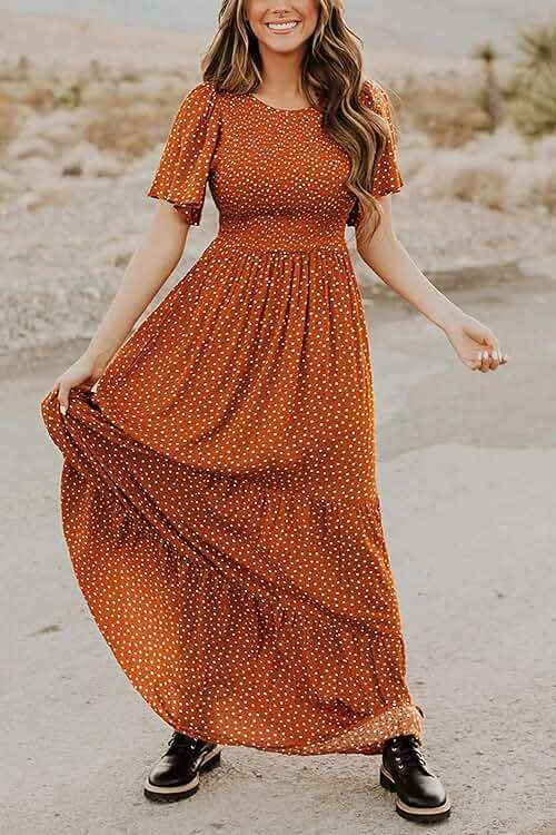 Kranda Women 2025 Summer Fall Crewneck Short Sleeve Smocked Floral Maxi Dress - Image 3