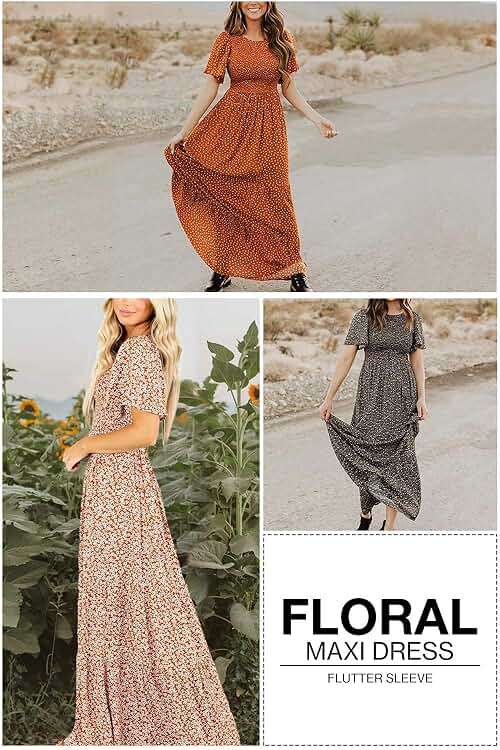 Kranda Women 2025 Summer Fall Crewneck Short Sleeve Smocked Floral Maxi Dress - Image 5