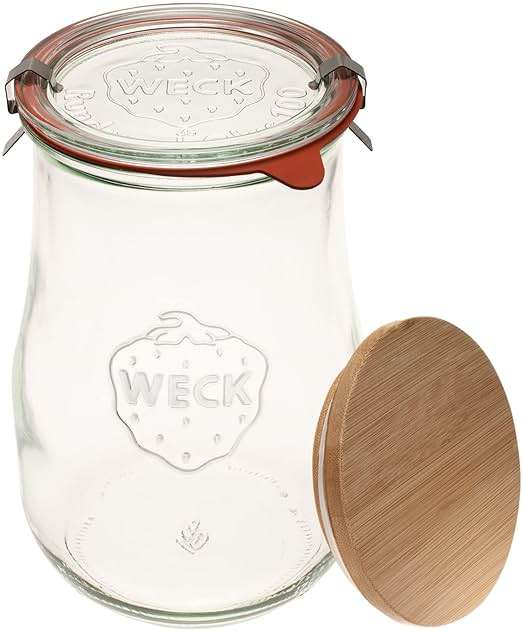 Weck Jars -50.7 fl oz Weck Tulip Jars 1.5 Liter - Large Glass Jars for Sourdough - Starter Jar with Glass Lid with Wide Mouth Suitable Canning and Storage 1 Jar with Wood Lid 59.2 fl. oz - Image 1
