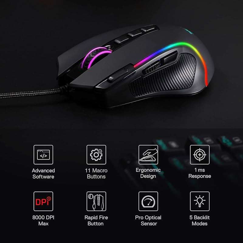 Redragon M612 Predator RGB Gaming Mouse, 8000 DPI Wired Optical Mouse with 11 Programmable Buttons & 5 Backlit Modes, Software Supports DIY Keybinds Rapid Fire Button - Image 3