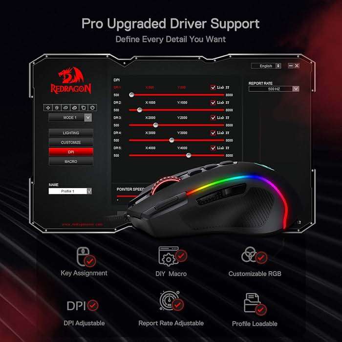 Redragon M612 Predator RGB Gaming Mouse, 8000 DPI Wired Optical Mouse with 11 Programmable Buttons & 5 Backlit Modes, Software Supports DIY Keybinds Rapid Fire Button - Image 8
