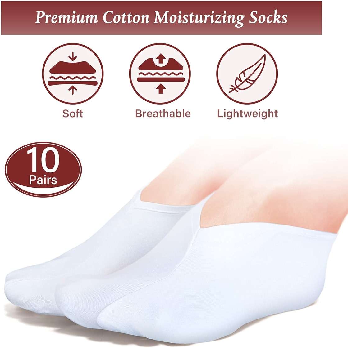 Geyoga 10 Pairs Moisturizing Socks Overnight for Dry Feet Spa Cotton Moisture Enhancing Cosmetic Socks for Women and Men, White - Image 2