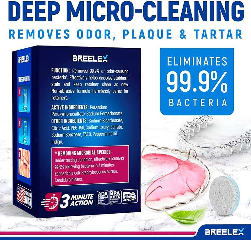 Breelex Retainer Cleaner Tablets for Dentures, Aligners & Night Guards – 120 Denture Cleaning Tablets, 3-Minute Deep Clean, Removes Plaque, Stains & Odor – FSA HSA Eligible - Image 6