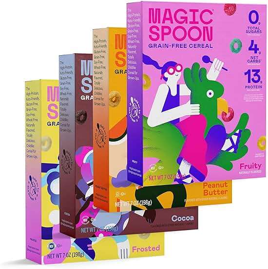 Magic Spoon Cereal - High Protein Cereals - Sugar Free Snacks & Breakfast Food - Grain & Gluten Free Cereal - Low Carb & Keto Friendly - 4 Pack Variety: Fruity, Cocoa, Classic Marshmallow, Peanut Butter - Image 1