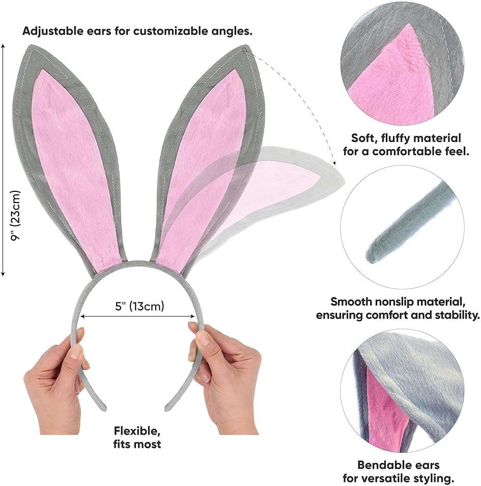 Funcredible Gray Bunny Ears Headband – Bendable Rabbit Ears for Him and Her– Soft Velvet Bunny Accessories for Women and Men – Rabbit Costume for Parties and Concerts - Image 2