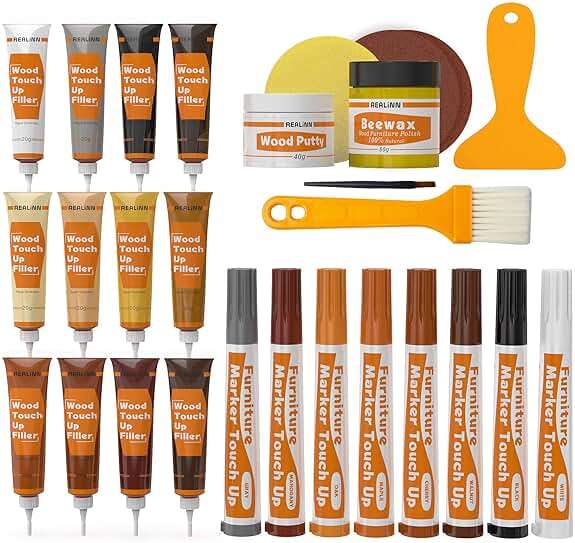 REALINN Wood Furniture Repair Kit- Set of 28 - Touch Up Markers, Fillers with Wood Putty - Repair Scratch, Cracks, Hole, Discoloration for Wooden Door, Floor, Table, Cabinet - Image 1