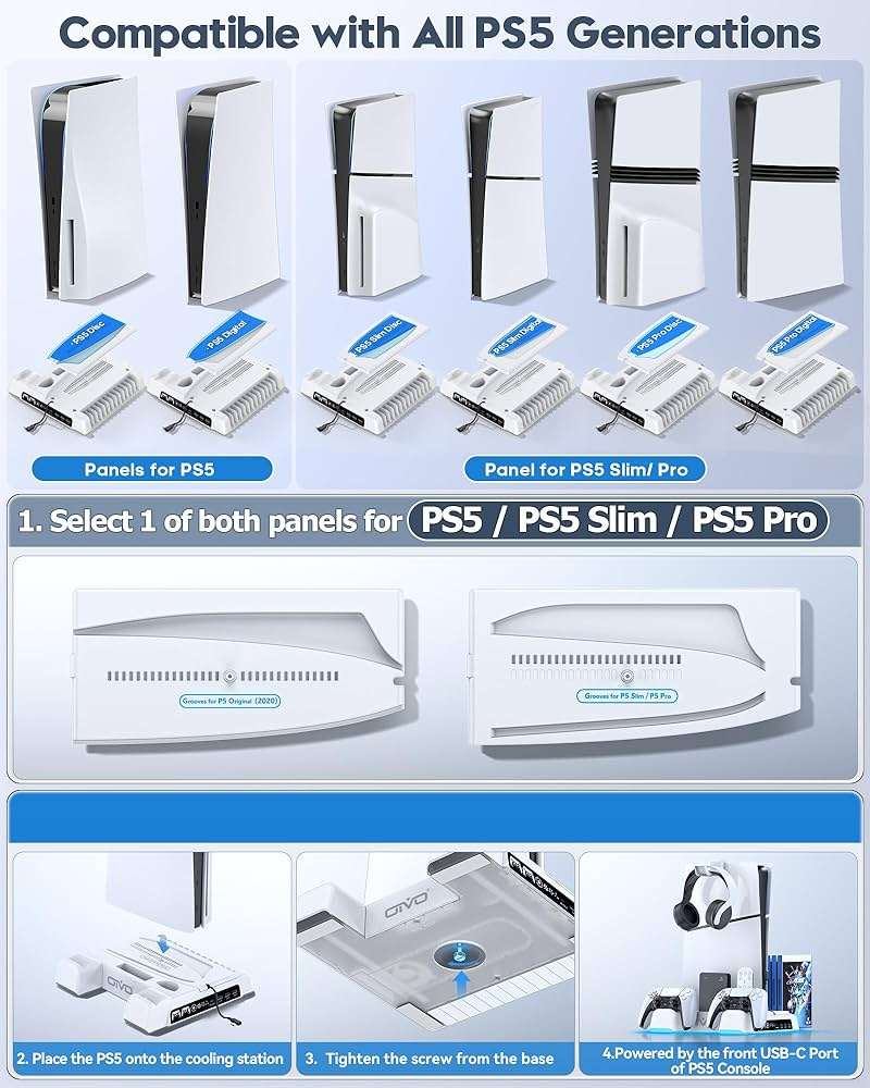PS5/Slim/Pro Stand and Cooling Station with LED Controller Charging Station for PlayStation 5 Console, Controller Charger, Cooling Stand, PS5/Slim/Pro Skin Accessories Kit with 3 Level Cooler Fan - Image 2