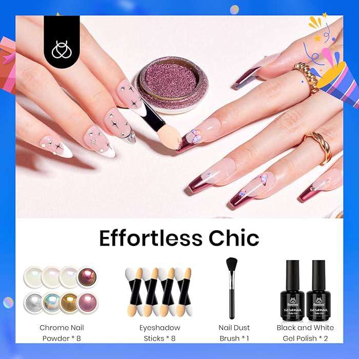 Beetles Metallic Chrome Nail Powder Kit Black White Colors Gel Polish Mirror Effect Holographic Metallic Nail Polish Chrome Manicure Art Decoration Glitter Nail Powder for Women - Image 2