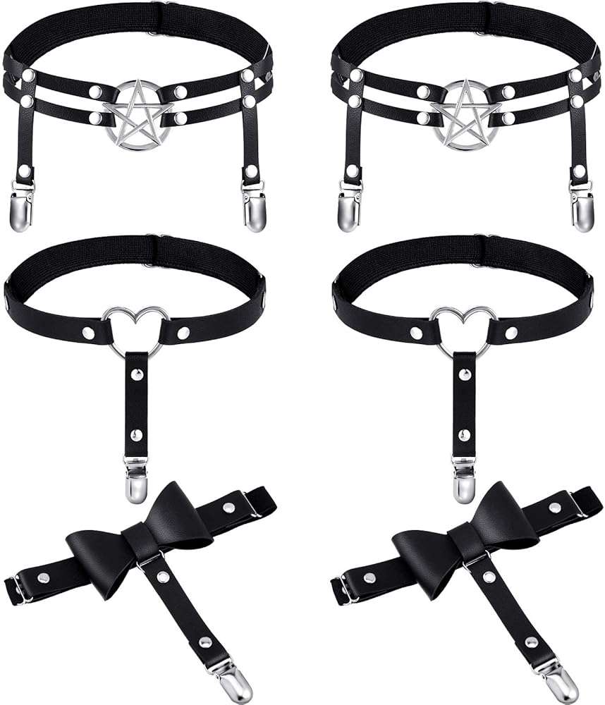 Syhood 6 Pieces Thigh High Garter Belt Heart Star Shaped Butterfly Knot Punk Leg Garter with Anti Slip Clips Elastic Punk Gothic Adjustable Thigh Ring for Women - Image 1
