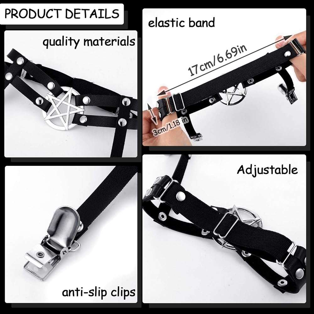 Syhood 6 Pieces Thigh High Garter Belt Heart Star Shaped Butterfly Knot Punk Leg Garter with Anti Slip Clips Elastic Punk Gothic Adjustable Thigh Ring for Women - Image 3