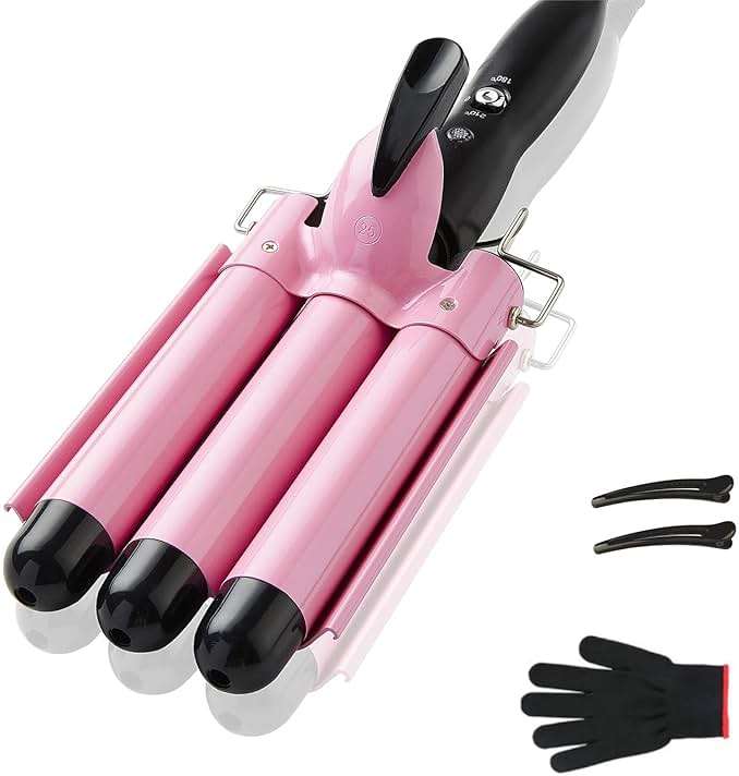 TOP4EVER 3 Barrel Curling Iron, 1 inch Crimper Hair Tool,Crimping Waver for Women Beach Waves with Two Temperature Settings, Pink - Image 1