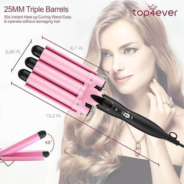TOP4EVER 3 Barrel Curling Iron, 1 inch Crimper Hair Tool,Crimping Waver for Women Beach Waves with Two Temperature Settings, Pink - Image 2