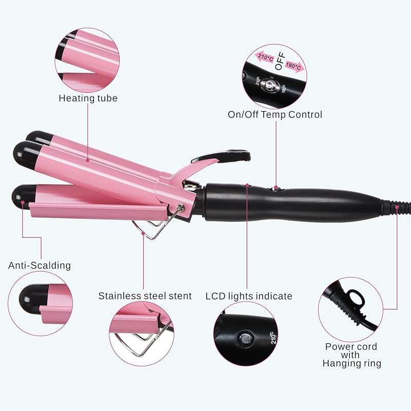 TOP4EVER 3 Barrel Curling Iron, 1 inch Crimper Hair Tool,Crimping Waver for Women Beach Waves with Two Temperature Settings, Pink - Image 3