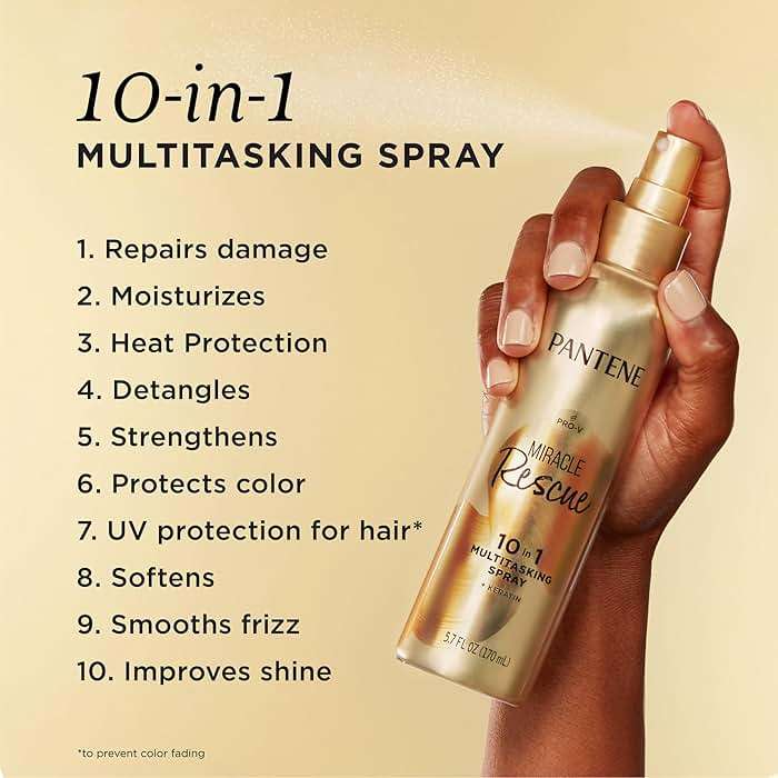 Pantene Miracle Rescue 10in1 Multitasking Spray - Heat Protection, Detangles, Repairs Damaged, Dry Hair, Improves Shine, Leave-In Conditioning Treatment with Keratin and Pro-Vitamin B5, 5.7 oz - Image 3