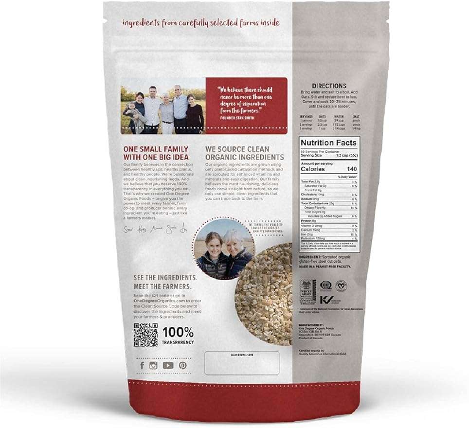 One Degree Organic Foods Sprouted Steel Cut Oats, USDA Organic, Non-GMO Gluten Free Oatmeal, 24 oz., 4 Pack - Image 2