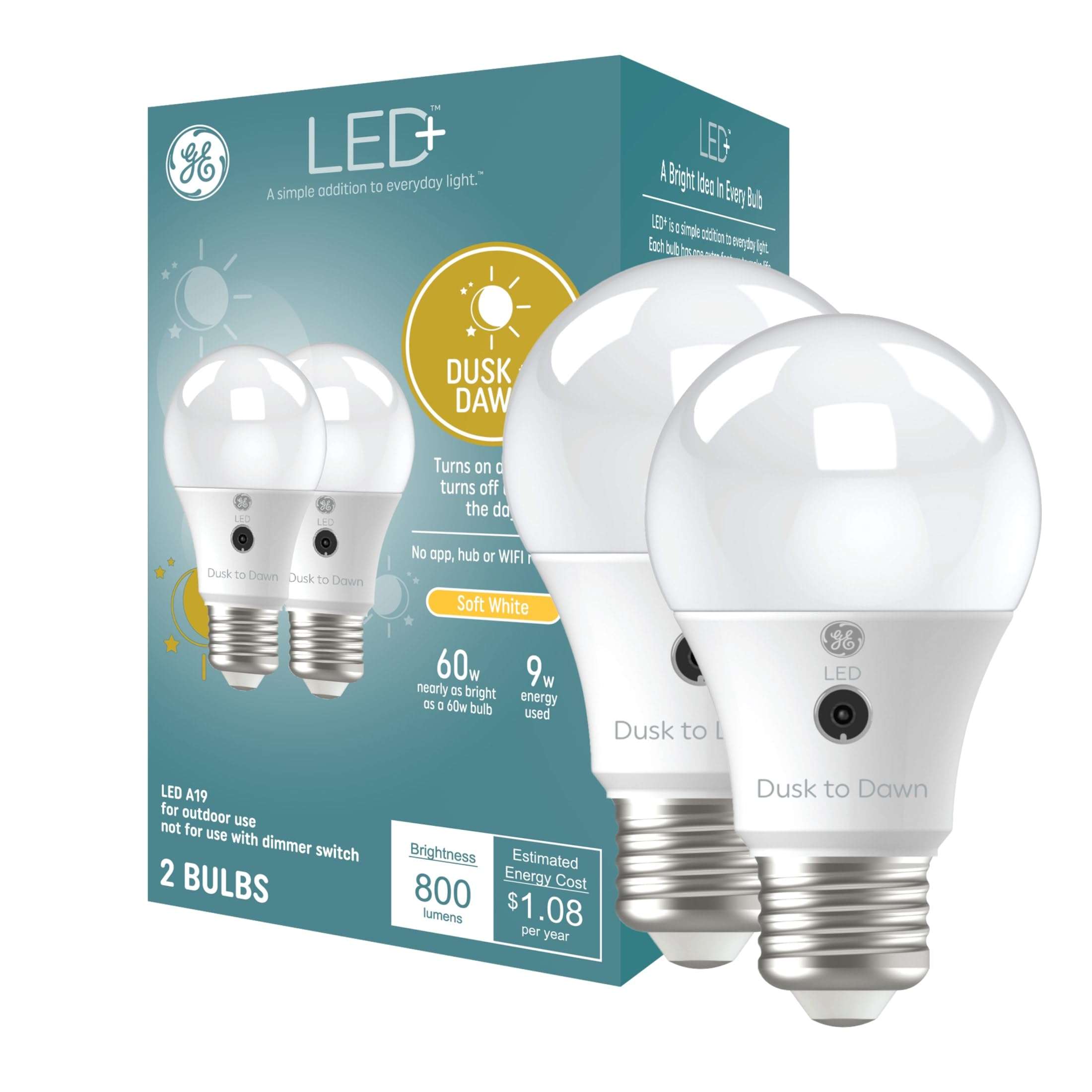 GE LED+ A19 Dusk to Dawn LED Light Bulb, Automatic On/Off Outdoor Security Light, Daylight (2 Pack) - Image 1