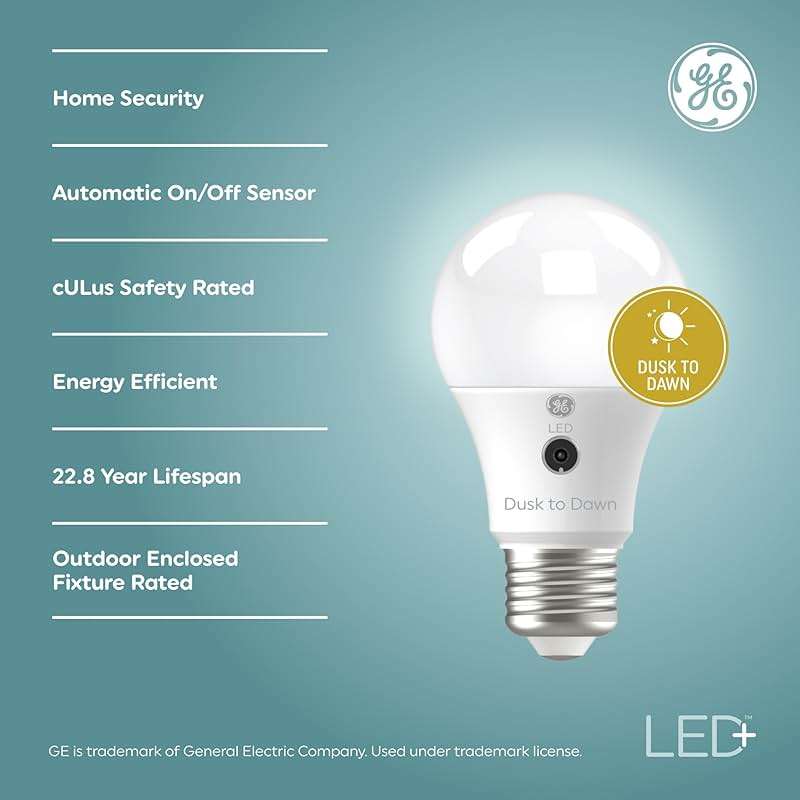 GE LED+ A19 Dusk to Dawn LED Light Bulb, Automatic On/Off Outdoor Security Light, Daylight (2 Pack) - Image 3