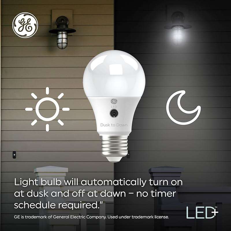 GE LED+ A19 Dusk to Dawn LED Light Bulb, Automatic On/Off Outdoor Security Light, Daylight (2 Pack) - Image 4