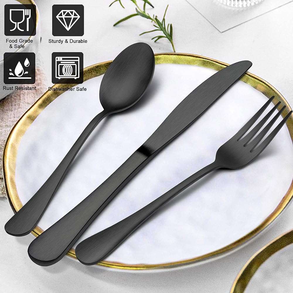 LIANYU 20 Piece Matte Black Silverware Set, Stainless Steel Black Flatware Cutlery Set for 4, Fancy Kitchen Utensil Tableware for Home Restaurant Party, Satin Finish, Dishwasher Safe - Image 2
