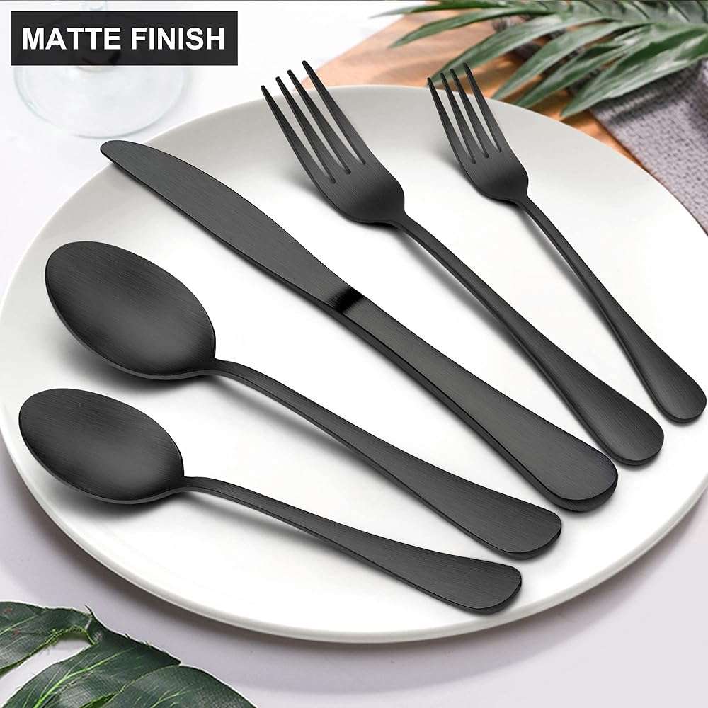LIANYU 20 Piece Matte Black Silverware Set, Stainless Steel Black Flatware Cutlery Set for 4, Fancy Kitchen Utensil Tableware for Home Restaurant Party, Satin Finish, Dishwasher Safe - Image 3