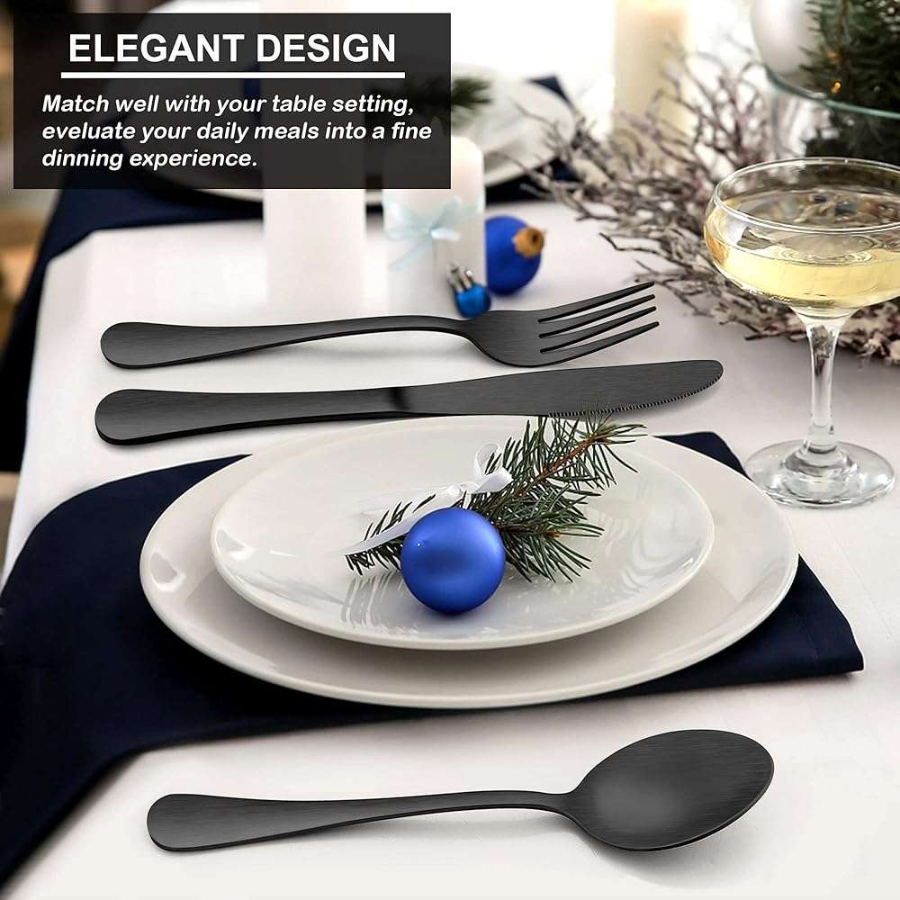 LIANYU 20 Piece Matte Black Silverware Set, Stainless Steel Black Flatware Cutlery Set for 4, Fancy Kitchen Utensil Tableware for Home Restaurant Party, Satin Finish, Dishwasher Safe - Image 4