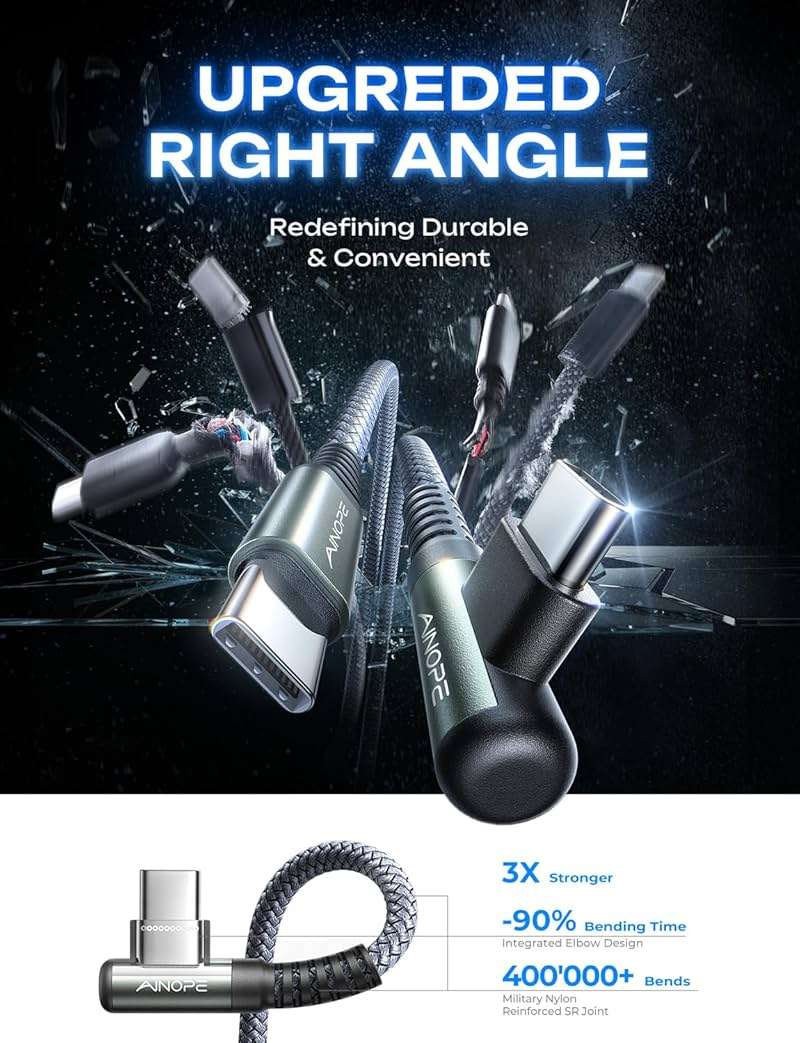 AINOPE USB C to USB C Cable (60W 2Pack 6.6ft) C to C Cable Fast Charging Type C Charger Fast Charging, Right Angle for Charging While Gaming & Lying Down Fit for iPhone 17 Pro Max Samsung iPad MacBook - Image 2