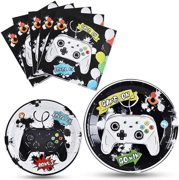 WERNNSAI Gamer Birthday Party Decorations - 48 PCS Birthday Plates and Napkins Black Boy Party Decorations Video Game Plates and Napkins for Boys Game Lovers Parties Supplies - Image 1
