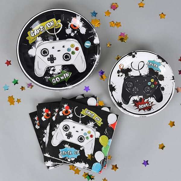 WERNNSAI Gamer Birthday Party Decorations - 48 PCS Birthday Plates and Napkins Black Boy Party Decorations Video Game Plates and Napkins for Boys Game Lovers Parties Supplies - Image 2