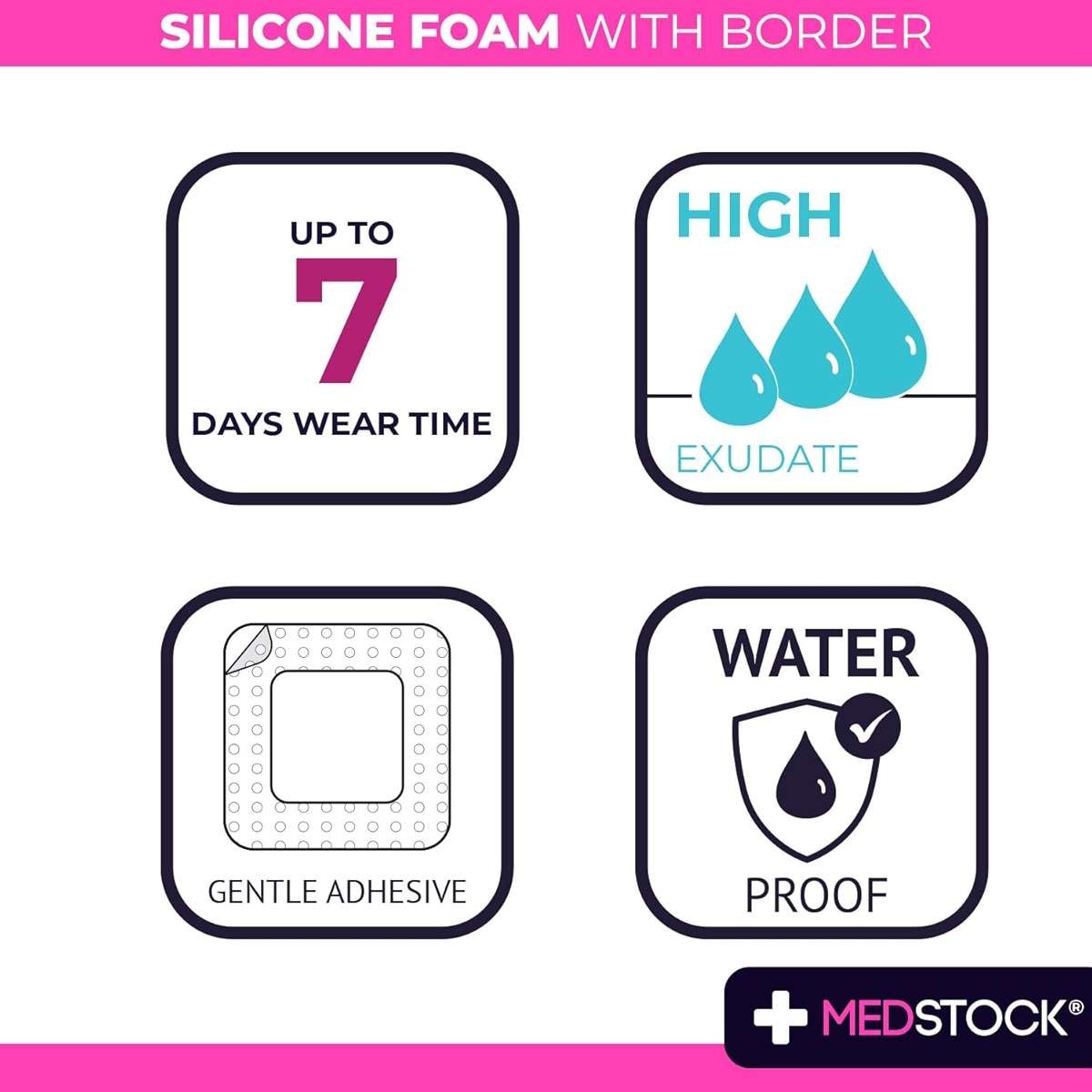 MEDSTOCK Silicone Foam Dressing with Border, 3"x3" (Pack of 10), Wound Care, Super Absorbent, Atraumatic Removal, Five Layers, Waterproof, Seals Wound Edges, No Adhesion Loss - Image 4