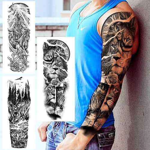 VANTATY 20 Sheets Extra Large Full Arm Temporary Tattoos For Men Adults, Tiger Snake Leopard Lion King Temporary Tattoos Sleeve For Women, Temp Waterproof Fake Tattoo Stickers For Kids Warrior Tatoos - Image 2