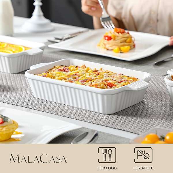 MALACASA Casserole Dishes for Oven, Porcelain Baking Dishes, Ceramic Bakeware Sets of 4, Rectangular Lasagna Pans Deep with Handles for Baking Cake Kitchen, White (9.4"/11.1"/12.2"/14.7"), Series - Image 2
