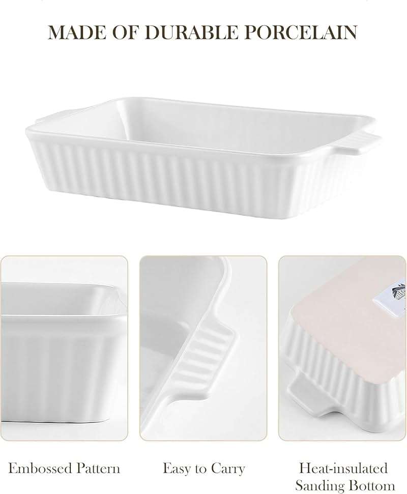 MALACASA Casserole Dishes for Oven, Porcelain Baking Dishes, Ceramic Bakeware Sets of 4, Rectangular Lasagna Pans Deep with Handles for Baking Cake Kitchen, White (9.4"/11.1"/12.2"/14.7"), Series - Image 4