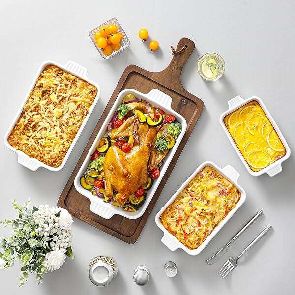 MALACASA Casserole Dishes for Oven, Porcelain Baking Dishes, Ceramic Bakeware Sets of 4, Rectangular Lasagna Pans Deep with Handles for Baking Cake Kitchen, White (9.4"/11.1"/12.2"/14.7"), Series - Image 6