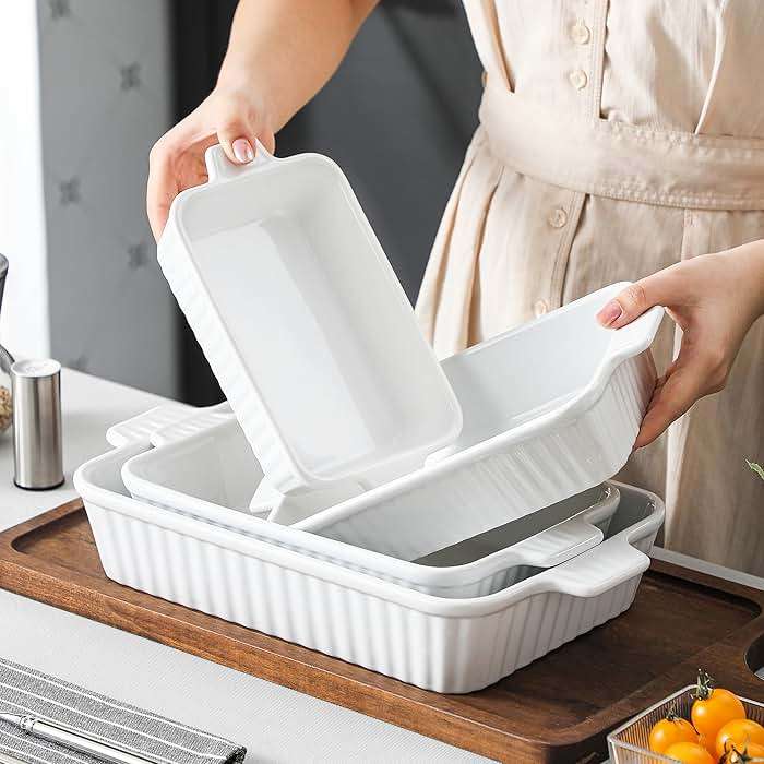 MALACASA Casserole Dishes for Oven, Porcelain Baking Dishes, Ceramic Bakeware Sets of 4, Rectangular Lasagna Pans Deep with Handles for Baking Cake Kitchen, White (9.4"/11.1"/12.2"/14.7"), Series - Image 7