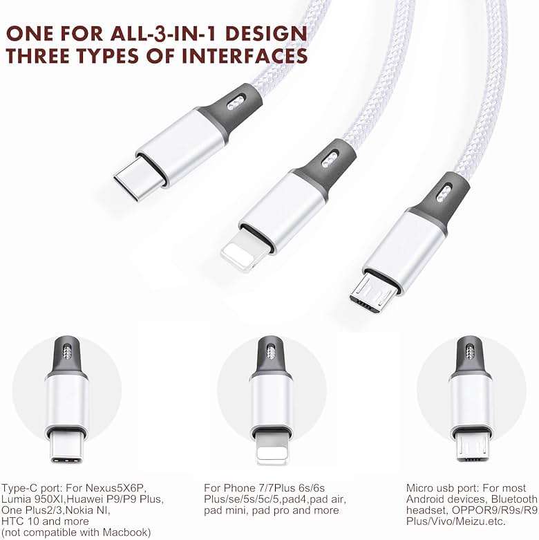 Multi USB Charging Cable 3A, 3 in 1 Fast Charger Cord Connector with Dual Phone/Type C/Micro USB Port Adapter, Compatible with Tablets iPhone 14 13 12 Pro 8 7 Samsung Galaxy (4FT/2Pack Charging Only) - Image 2
