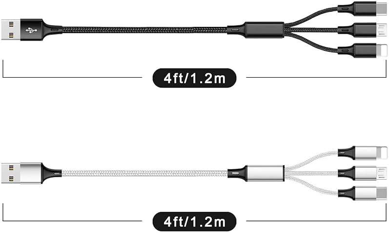 Multi USB Charging Cable 3A, 3 in 1 Fast Charger Cord Connector with Dual Phone/Type C/Micro USB Port Adapter, Compatible with Tablets iPhone 14 13 12 Pro 8 7 Samsung Galaxy (4FT/2Pack Charging Only) - Image 3