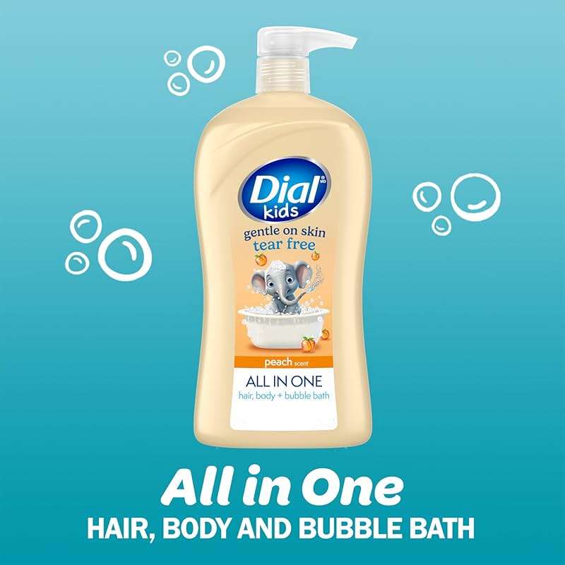 Dial Kids All-in-1 Body + Hair + Bubble Bath, Peach Scent, 32 Fl Oz, Hypoallergenic Body Wash & Shampoo, No Tears Formula for Kids 2+ Years, No Parabens & Silicones - Image 3