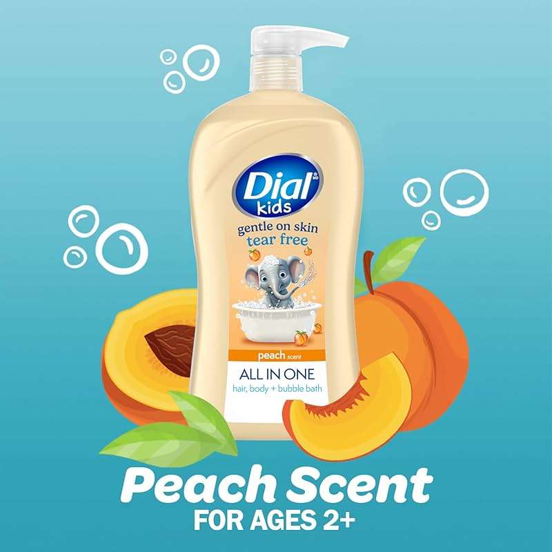 Dial Kids All-in-1 Body + Hair + Bubble Bath, Peach Scent, 32 Fl Oz, Hypoallergenic Body Wash & Shampoo, No Tears Formula for Kids 2+ Years, No Parabens & Silicones - Image 4