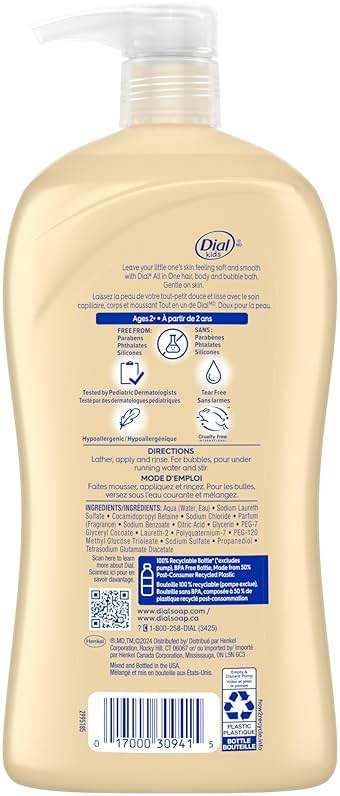 Dial Kids All-in-1 Body + Hair + Bubble Bath, Peach Scent, 32 Fl Oz, Hypoallergenic Body Wash & Shampoo, No Tears Formula for Kids 2+ Years, No Parabens & Silicones - Image 7